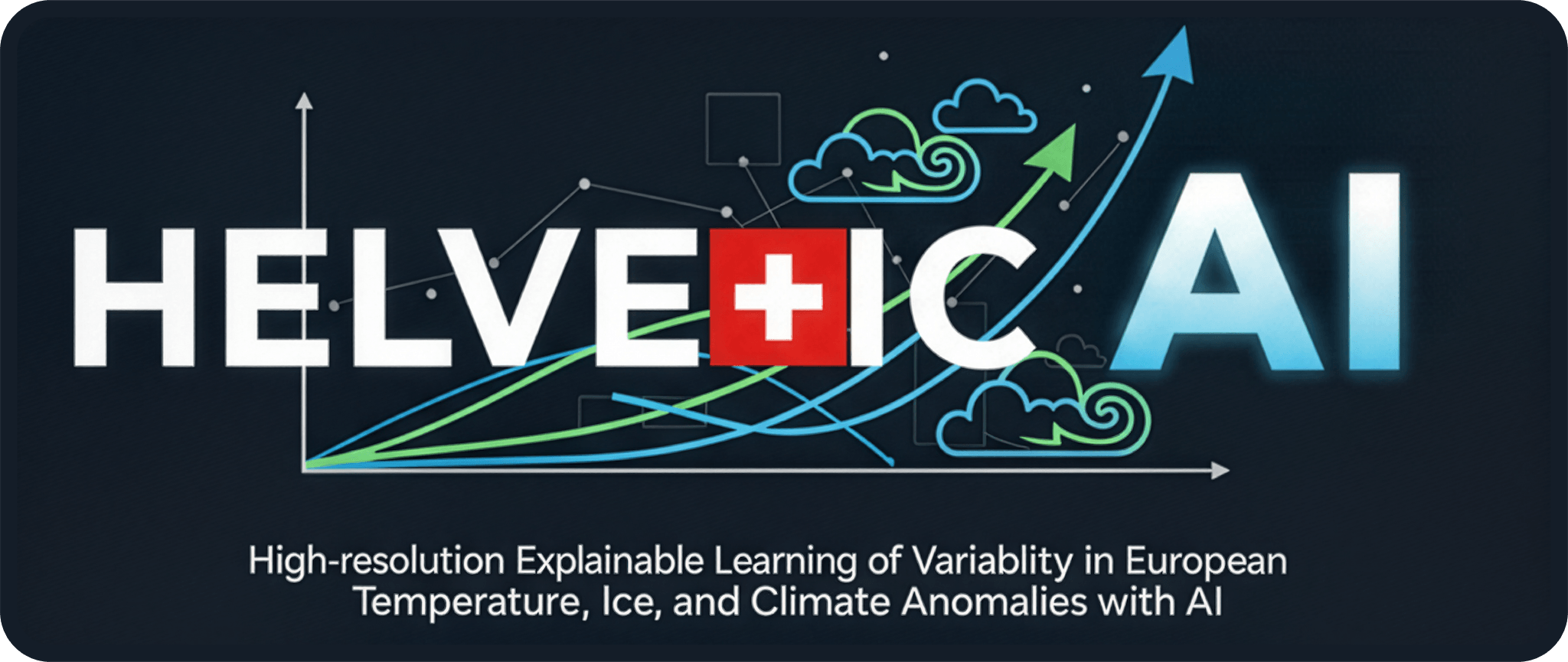The HELVETIC-AI banner: explainable learning of variability in European temperature, ice, and climate anomalies, over a dark instrument background.