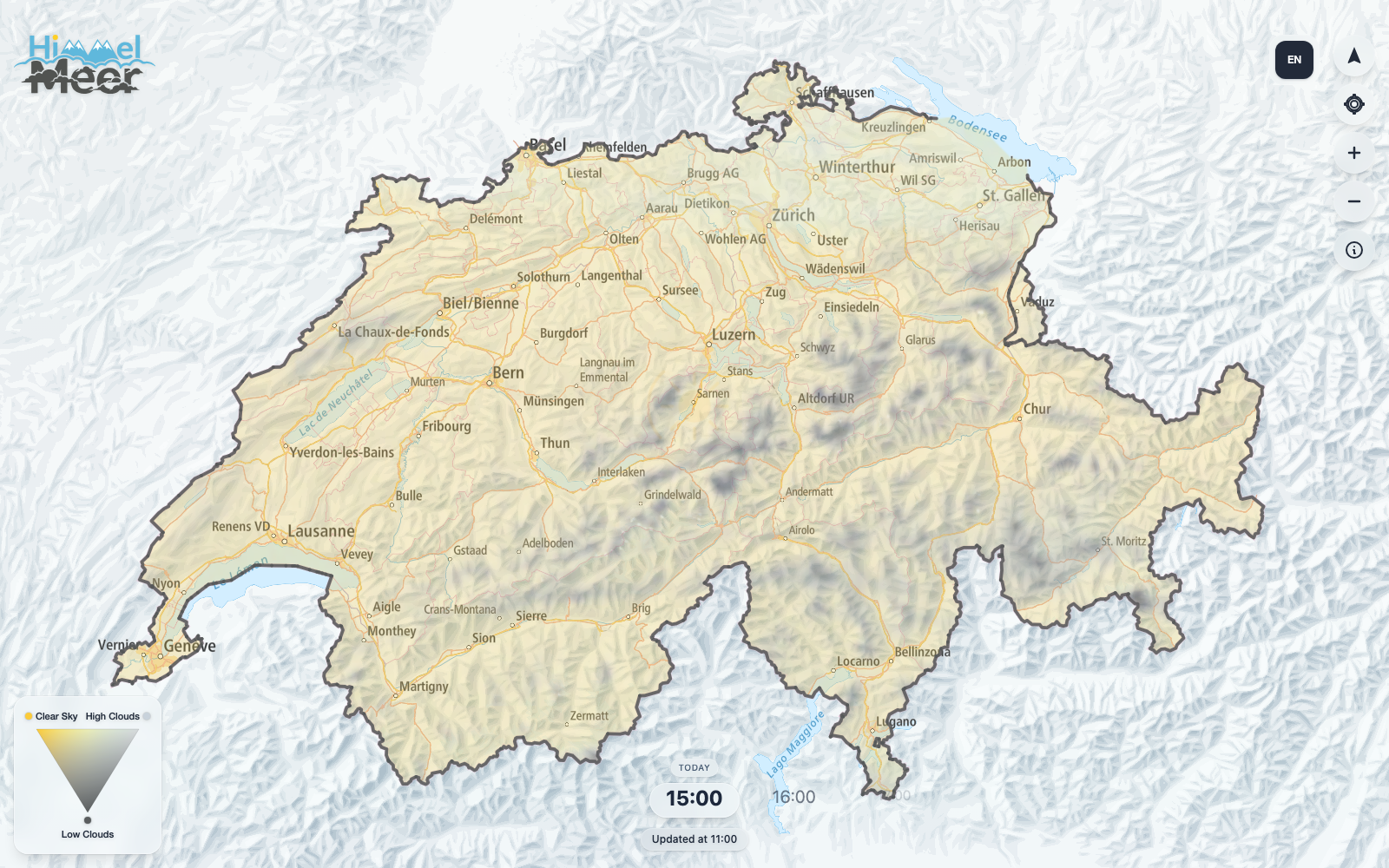 The HimmelMeer map of Switzerland, shading terrain below the forecast fog line.
