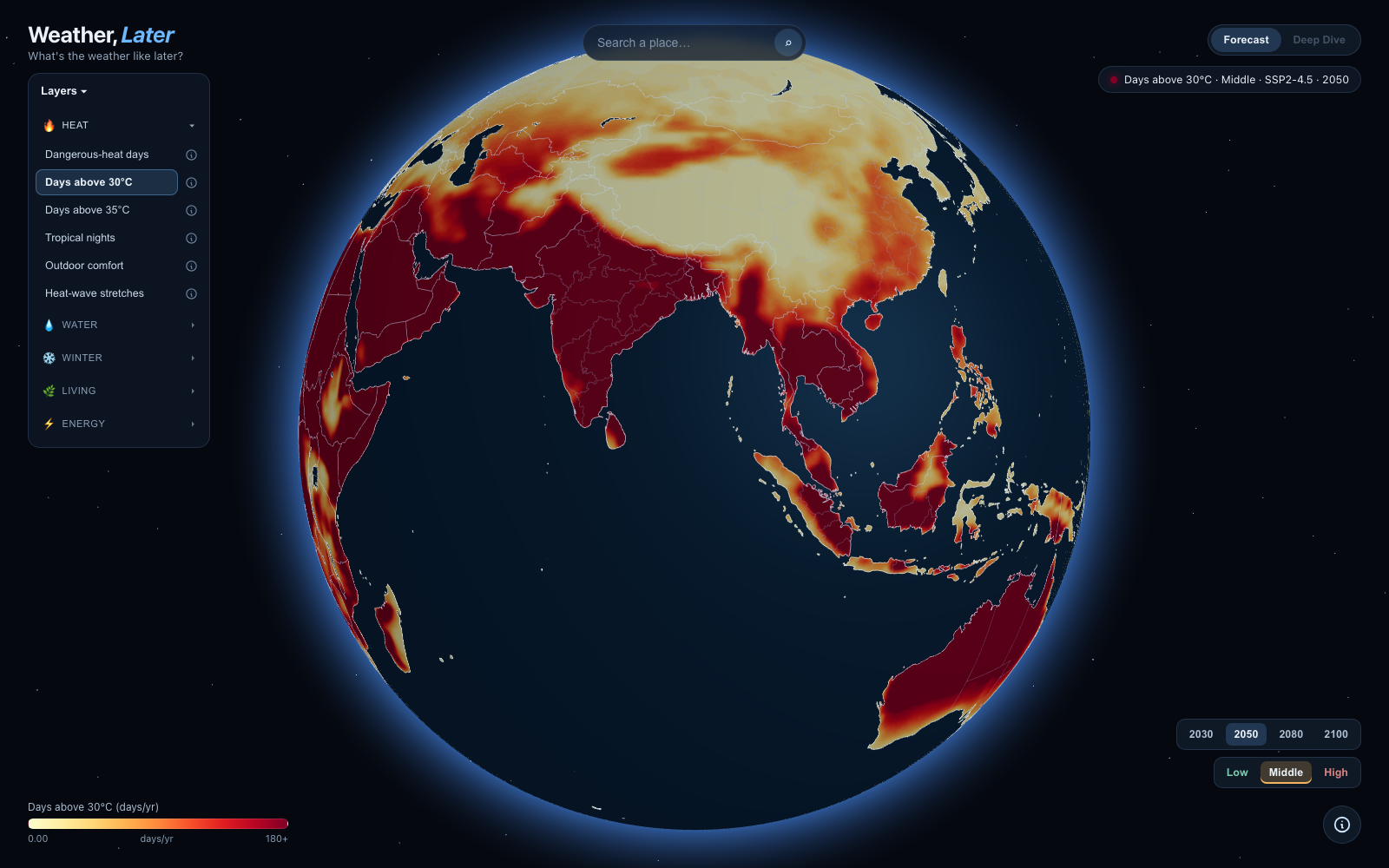 The Weather, Later globe view: a rotating 3D Earth shaded by a projected climate metric under a chosen scenario and horizon.
